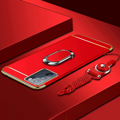 Custodia Lusso Metallo Laterale e Plastica Cover con Anello Supporto per Oppo Reno6 Pro 5G India Rosso