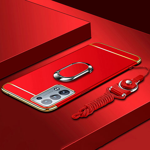 Custodia Lusso Metallo Laterale e Plastica Cover con Anello Supporto per Oppo Reno6 Pro 5G Rosso