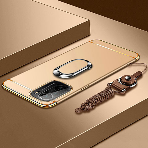 Custodia Lusso Metallo Laterale e Plastica Cover con Anello Supporto per Xiaomi Poco F3 5G Oro