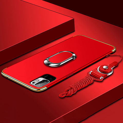Custodia Lusso Metallo Laterale e Plastica Cover con Anello Supporto per Xiaomi Redmi Note 10T 5G Rosso