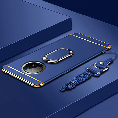 Custodia Lusso Metallo Laterale e Plastica Cover con Anello Supporto per Xiaomi Redmi Note 9 5G Blu