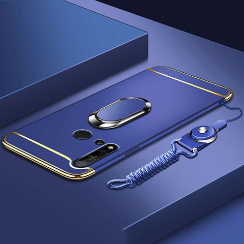 Custodia Lusso Metallo Laterale e Plastica Cover con Anello Supporto T01 per Huawei Nova 5i Blu