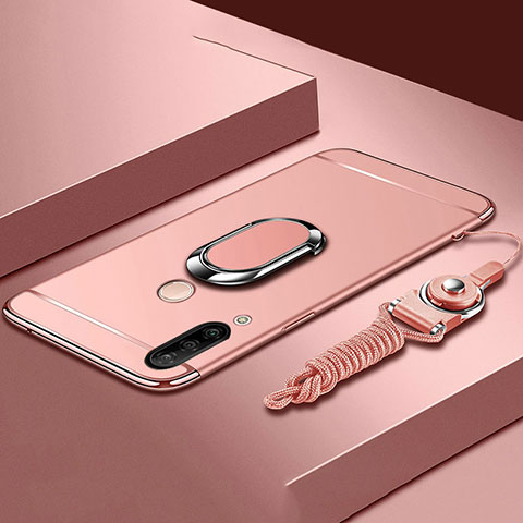 Custodia Lusso Metallo Laterale e Plastica Cover con Anello Supporto T01 per Huawei P30 Lite New Edition Oro Rosa