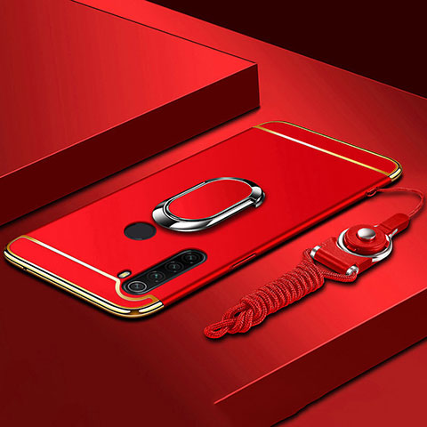 Custodia Lusso Metallo Laterale e Plastica Cover con Anello Supporto T01 per Xiaomi Redmi Note 8 (2021) Rosso