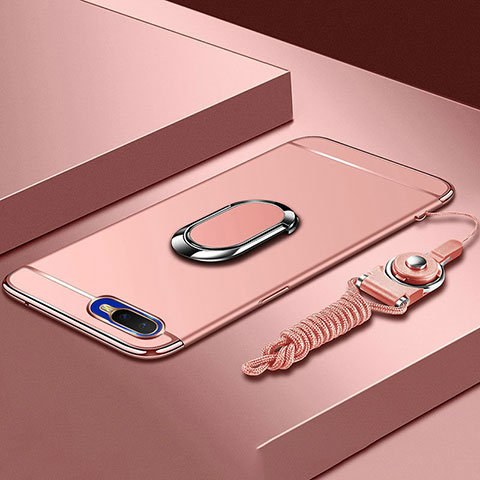 Custodia Lusso Metallo Laterale e Plastica Cover con Anello Supporto T02 per Oppo R17 Neo Oro Rosa