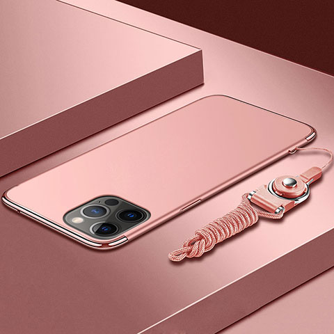 Custodia Lusso Metallo Laterale e Plastica Cover con Cordoncino per Apple iPhone 13 Pro Oro Rosa