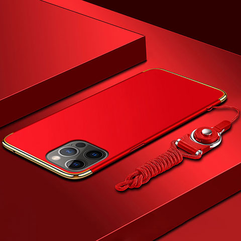 Custodia Lusso Metallo Laterale e Plastica Cover con Cordoncino per Apple iPhone 13 Pro Rosso