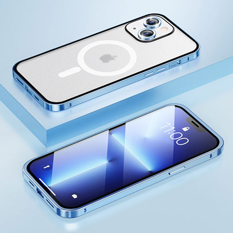 Custodia Lusso Metallo Laterale e Plastica Cover con Mag-Safe Magnetic LF1 per Apple iPhone 13 Blu