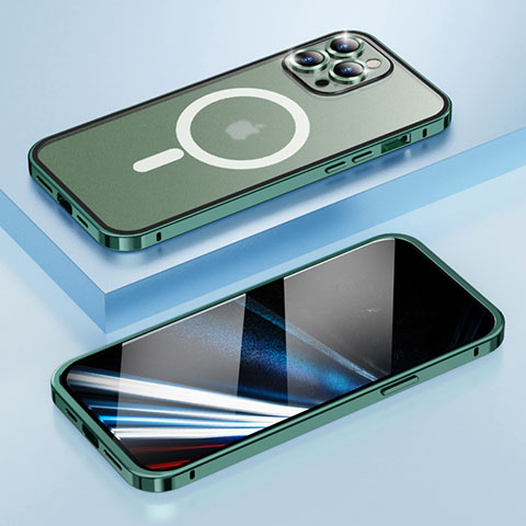 Custodia Lusso Metallo Laterale e Plastica Cover con Mag-Safe Magnetic LF1 per Apple iPhone 15 Pro Max Verde