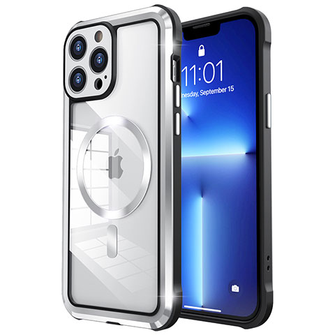 Custodia Lusso Metallo Laterale e Plastica Cover con Mag-Safe Magnetic LF2 per Apple iPhone 13 Pro Argento