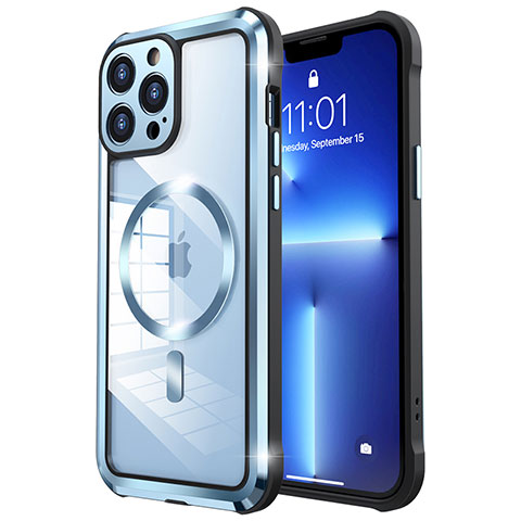 Custodia Lusso Metallo Laterale e Plastica Cover con Mag-Safe Magnetic LF2 per Apple iPhone 13 Pro Blu