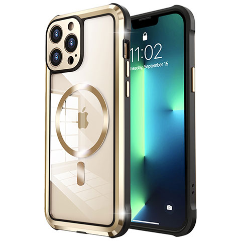 Custodia Lusso Metallo Laterale e Plastica Cover con Mag-Safe Magnetic LF2 per Apple iPhone 13 Pro Oro