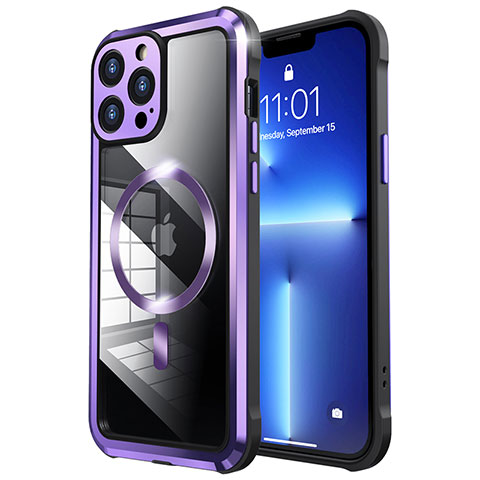 Custodia Lusso Metallo Laterale e Plastica Cover con Mag-Safe Magnetic LF2 per Apple iPhone 13 Pro Viola