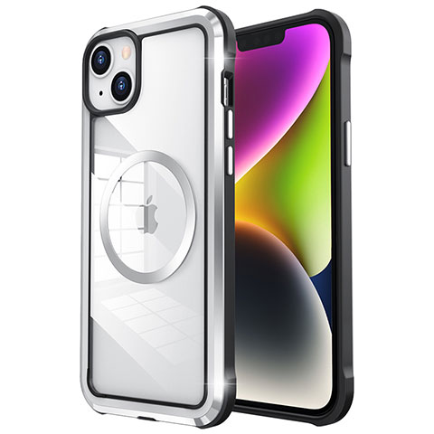 Custodia Lusso Metallo Laterale e Plastica Cover con Mag-Safe Magnetic LF2 per Apple iPhone 14 Plus Argento