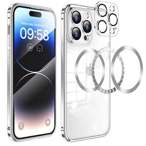 Custodia Lusso Metallo Laterale e Plastica Cover con Mag-Safe Magnetic LF3 per Apple iPhone 14 Pro Max Argento