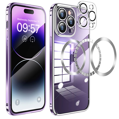 Custodia Lusso Metallo Laterale e Plastica Cover con Mag-Safe Magnetic LF3 per Apple iPhone 14 Pro Max Viola