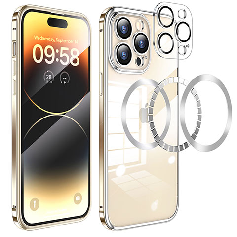 Custodia Lusso Metallo Laterale e Plastica Cover con Mag-Safe Magnetic LF3 per Apple iPhone 15 Pro Oro