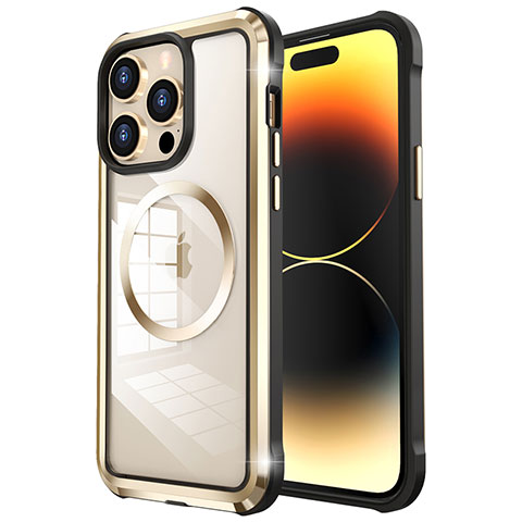 Custodia Lusso Metallo Laterale e Plastica Cover con Mag-Safe Magnetic LF4 per Apple iPhone 14 Pro Max Oro