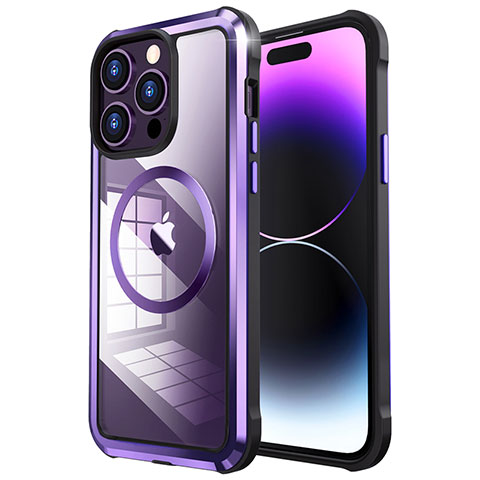 Custodia Lusso Metallo Laterale e Plastica Cover con Mag-Safe Magnetic LF4 per Apple iPhone 14 Pro Max Viola