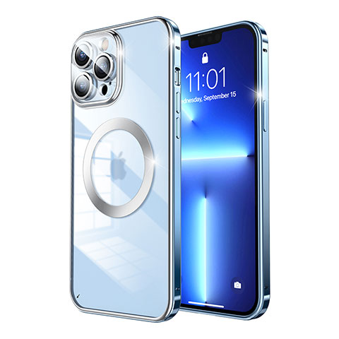 Custodia Lusso Metallo Laterale e Plastica Cover con Mag-Safe Magnetic LF5 per Apple iPhone 13 Pro Max Blu