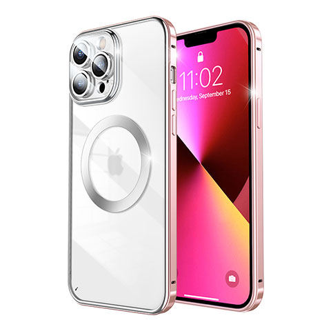 Custodia Lusso Metallo Laterale e Plastica Cover con Mag-Safe Magnetic LF5 per Apple iPhone 13 Pro Max Oro Rosa