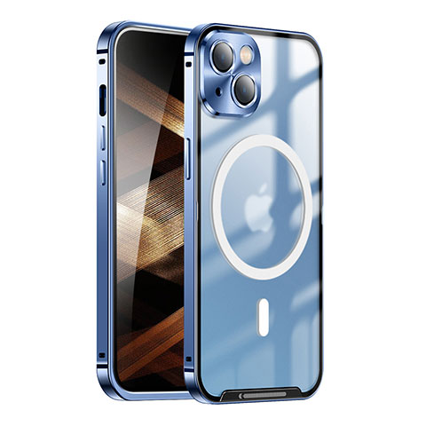 Custodia Lusso Metallo Laterale e Plastica Cover con Mag-Safe Magnetic LK1 per Apple iPhone 15 Plus Blu