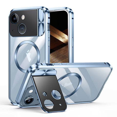 Custodia Lusso Metallo Laterale e Plastica Cover con Mag-Safe Magnetic LK4 per Apple iPhone 13 Blu