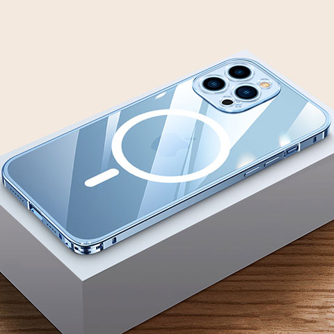 Custodia Lusso Metallo Laterale e Plastica Cover con Mag-Safe Magnetic QC4 per Apple iPhone 13 Pro Blu