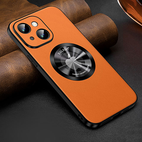 Custodia Lusso Pelle Cover con Mag-Safe Magnetic LD2 per Apple iPhone 15 Plus Arancione