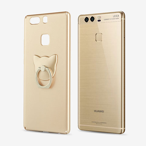 Custodia Plastica Rigida Opaca con Anello Supporto per Huawei P9 Oro