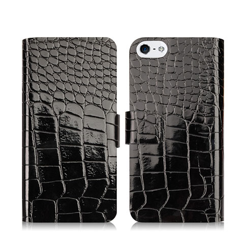 Custodia Portafoglio In Pelle con Stand Coccodrillo per Apple iPhone 5 Nero