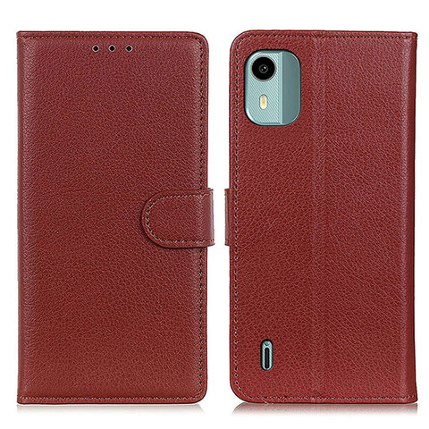 Custodia Portafoglio In Pelle Cover con Supporto A03D per Nokia C12 Marrone