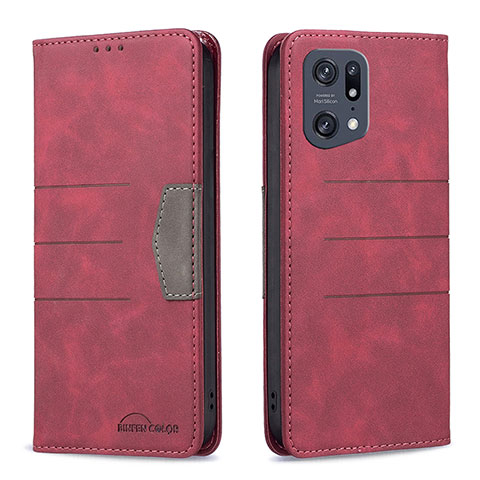 Custodia Portafoglio In Pelle Cover con Supporto B01F per Oppo Find X5 Pro 5G Rosso