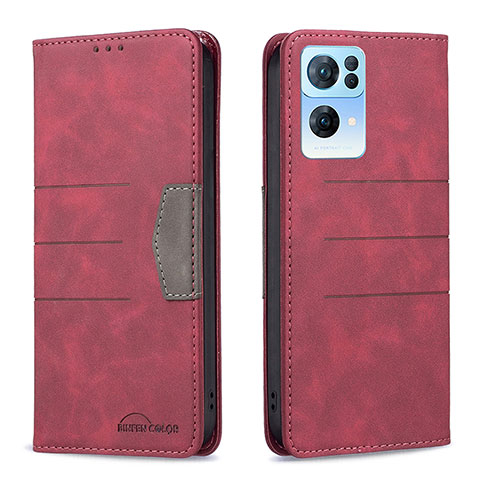 Custodia Portafoglio In Pelle Cover con Supporto B01F per Oppo Reno7 Pro 5G Rosso