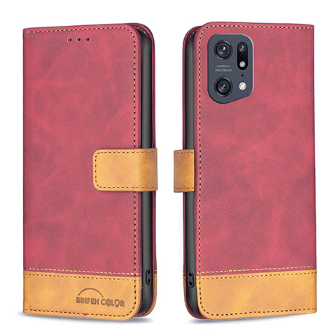 Custodia Portafoglio In Pelle Cover con Supporto B02F per Oppo Find X5 Pro 5G Rosso