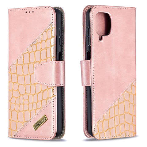 Custodia Portafoglio In Pelle Cover con Supporto B03F per Samsung Galaxy A12 Oro Rosa