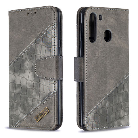 Custodia Portafoglio In Pelle Cover con Supporto B03F per Samsung Galaxy A21 Grigio Scuro