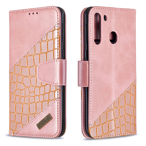 Custodia Portafoglio In Pelle Cover con Supporto B03F per Samsung Galaxy A21 Oro Rosa