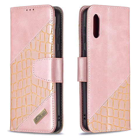 Custodia Portafoglio In Pelle Cover con Supporto B03F per Samsung Galaxy M02 Oro Rosa