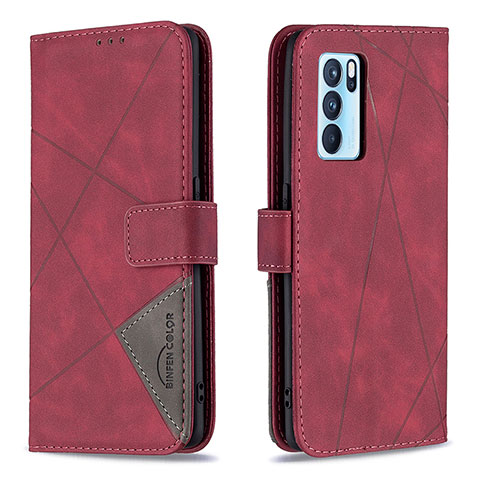 Custodia Portafoglio In Pelle Cover con Supporto B08F per Oppo Reno6 Pro 5G India Rosso