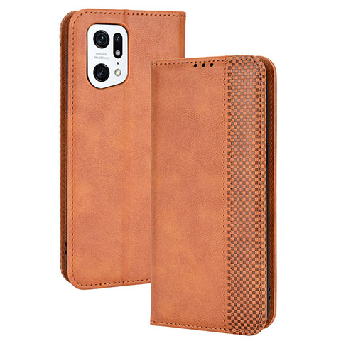 Custodia Portafoglio In Pelle Cover con Supporto BY4 per Oppo Find X5 Pro 5G Marrone