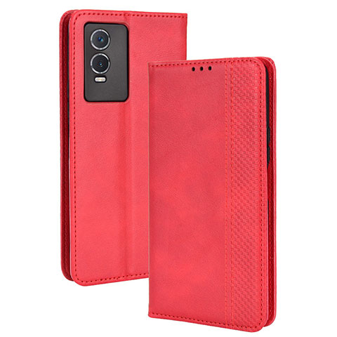 Custodia Portafoglio In Pelle Cover con Supporto BY4 per Vivo Y76s 5G Rosso