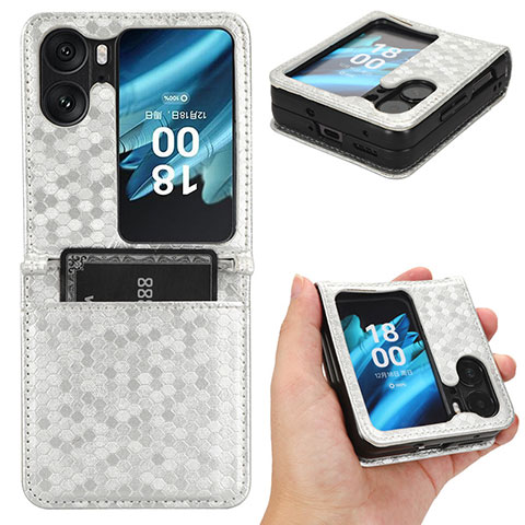 Custodia Portafoglio In Pelle Cover con Supporto C01X per Oppo Find N2 Flip 5G Argento