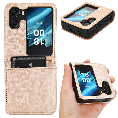 Custodia Portafoglio In Pelle Cover con Supporto C01X per Oppo Find N2 Flip 5G Oro