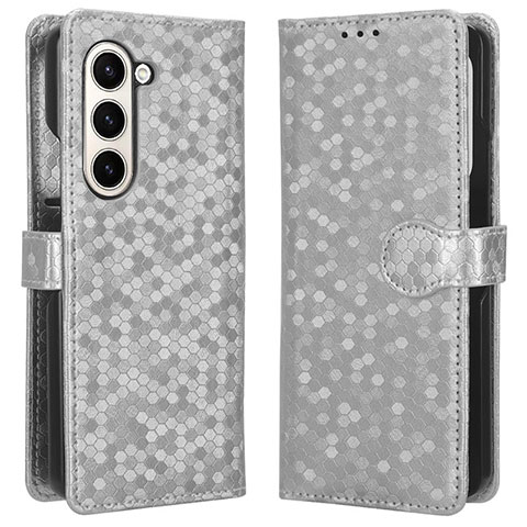 Custodia Portafoglio In Pelle Cover con Supporto C01X per Samsung Galaxy Z Fold5 5G Argento