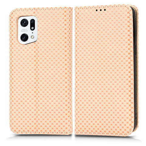 Custodia Portafoglio In Pelle Cover con Supporto C03X per Oppo Find X5 Pro 5G Oro