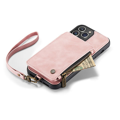 Custodia Portafoglio In Pelle Cover con Supporto C04S per Apple iPhone 14 Pro Oro Rosa