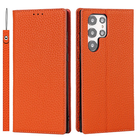 Custodia Portafoglio In Pelle Cover con Supporto D01T per Samsung Galaxy S22 Ultra 5G Arancione