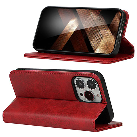 Custodia Portafoglio In Pelle Cover con Supporto D05T per Apple iPhone 15 Pro Rosso