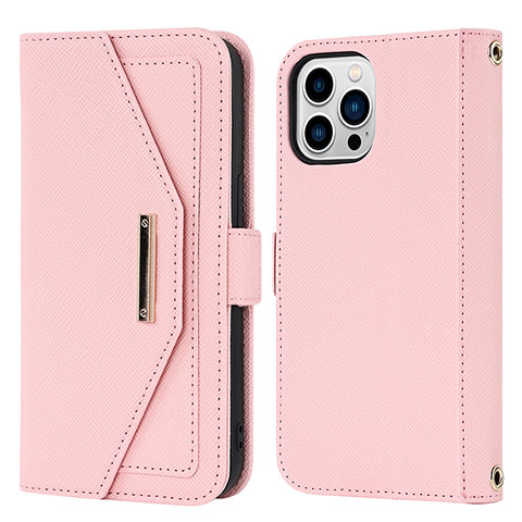 Custodia Portafoglio In Pelle Cover con Supporto D07T per Apple iPhone 14 Pro Max Oro Rosa